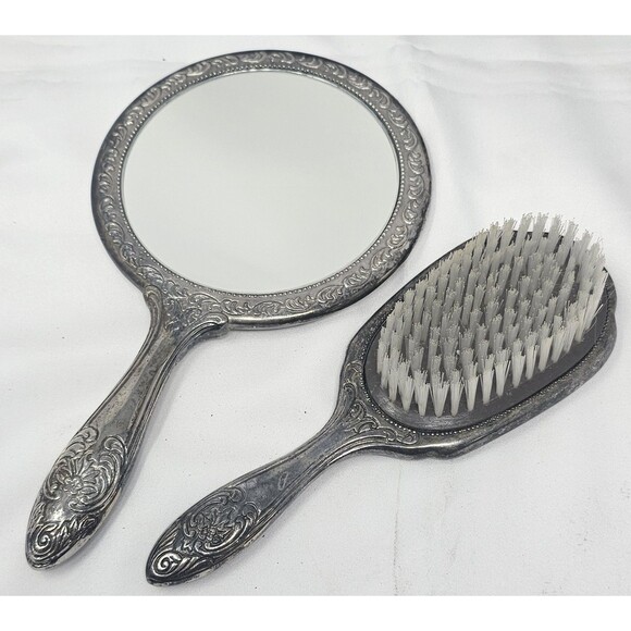 Vtg Silverplate Vanity Set 8" Brush & 9" Hand Mirror Floral Ornate Design Heavy - Picture 1 of 13